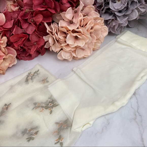 Sheer White Seamless Pantyhose with Delicate White Flowers and Green Leaves - Picture 9 of 16